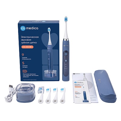 
                Электрическая звуковая зубная щетка CS Medica CS-333 Technology, рукоятка (электронный блок) с насадкой, 4 дополнительные насадки, зарядное устройство, защитный колпачок для щетины, дорожный футляр, руководство по эксплуатации с гарантийным талоном