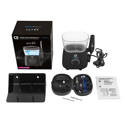 
                Ирригатор полости рта CS Medica AquaPulsar OS-1 ULTRA Black, Электронный блок с ручкой ирригатора, резервуар для растворов, насадки для ирригатора (стандартные (3 шт.), ортодонтальная (1 шт.) для брекетов, пародонтальная (1 шт.) с мягким наконечником для 