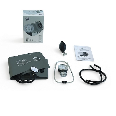 
                Механический тонометр CS Medica CS-115 G, Манометр, нагнетатель давления (груша), манжета CS MF G со встроенной головкой фонендоскопа и фиксирующим кольцом, оголовье фонендоскопа с оливами, Y образный звукопровод фонендоскопа, руководство по эксплуатации 