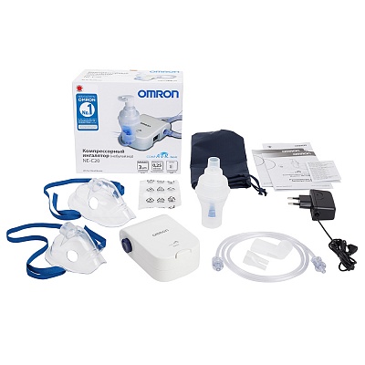 
                Небулайзер OMRON Comp AIR C20 basic, небулайзерная камера, воздуховодная трубка (ПВХ, 100 см), загубник, насадка для носа, маска для взрослых (ПВХ), маска 