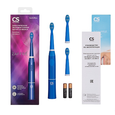 
                Электрическая звуковая зубная щетка CS Medica CS-999-H синяя, Рукоятка (электронный блок) с насадкой, 2 дополнительные насадки, комплект элементов питания типа ААА (2 шт.), руководство по эксплуатации с гарантийным талоном