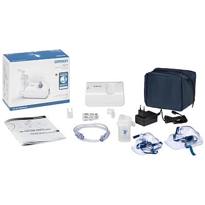
                Небулайзер OMRON Comp AIR C24, небулайзерная камера, воздуховодная трубка (ПВХ, 100 см), запасные воздушные фильтры - 5 шт. , загубник, маска для взрослых (ПВХ), маска для детей (ПВХ), насадка для носа, адаптер переменного тока, сумка для хранения, руково