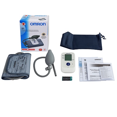 
                Тонометр полуавтоматический OMRON S1, манжета компрессионная, груша для нагнетания воздуха, руководство по эксплуатации, чехол для хранения прибора, комплект элементов питания, гарантийный талон, журнал для записи артериального давления