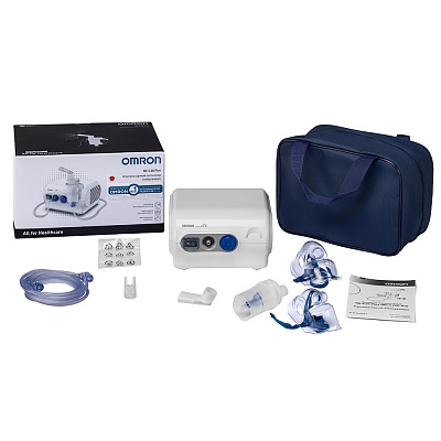 
                Небулайзер OMRON C28 Plus, комплект поставки: компрессор, небулайзерная камера, загубник, насадка для носа, маска для взрослых, маска для детей, воздуховодная трубка (200 см), воздушные фильтры (5 шт), сумка для хранения и переноски, руководство по эксплу