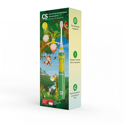 
                Электрическая зубная щетка для детей от 5 лет CS Medica CS-562 Junior зеленого цвета с 2 насадками, новая упаковка