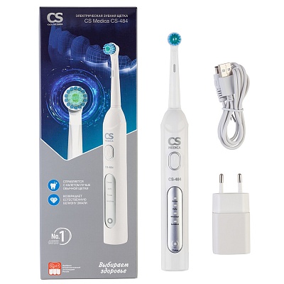 
                Электрическая зубная щетка CS Medica CS-484, рукоятка (электронный блок) с насадкой, зарядное устройство, 2 дополнительные насадки, адаптер, руководство по эксплуатации с гарантийным талоном