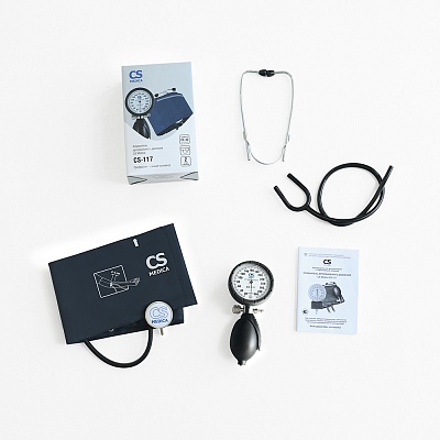 
                Механический тонометр CS Medica CS-117, манометр, совмещенный с нагнетателем давления (груша), манжета CS 1 MF со встроенной головкой фонендоскопа и фиксирующим кольцом, оголовье фонендоскопа с оливами, Y образный звукопровод фонендоскопа, руководство по 