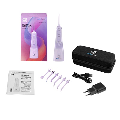 
                Портативный ирригатор полости рта CS Medica AquaPulsar CS-8 Elite, лиловый, Электронный блок, резервуар для растворов, насадки для ирригатора (стандартные (2 шт.), ортодонтальная (1 шт.), пародонтальная (1 шт.), пучковая для очищения имплантов, мостов, ко