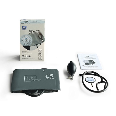 
                Механический тонометр CS Medica CS-116 G, Манометр, нагнетатель давления (груша), манжета CS M G с фиксирующим кольцом, оголовье фонендоскопа с оливами, головка фонендоскопа, Y-образный звукопровод фонендоскопа, руководство по эксплуатации с гарантийным т
