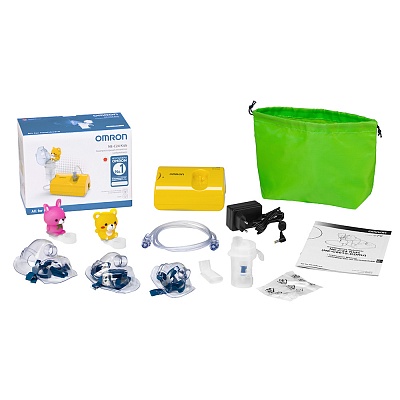 
                OMRON Comp AIR C24 Kids, сумка для хранения и переноски, сетевой адаптер, загубник, взрослая и детская маски, комплект фильтров, воздуховодная трубка (100 см), маска для грудничков и два детских аксессуара