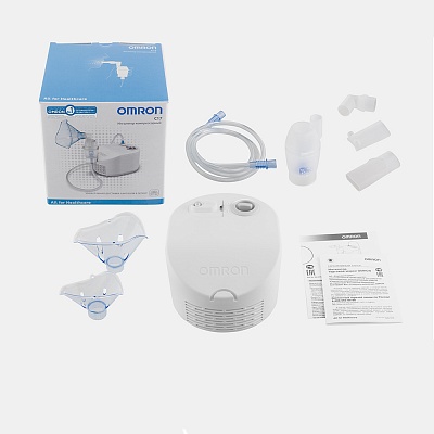 
                Небулайзер OMRON C17, компрессор с установленным воздушным фильтром, небулайзерная камера, воздуховодная трубка (ПВХ, 100 см), загубник, насадка для носа, переходник, маска для взрослых (ПВХ), маска для детей (ПВХ), руководство по, эксплуатации, гарантийн