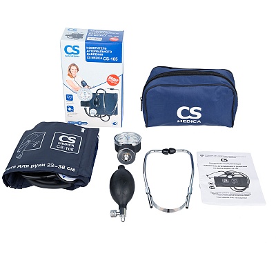 
                Механический тонометр CS Medica СS-105, манометр, нагнетатель давления (груша), манжета, оголовье фонендоскопа, головка фонендоскопа, Y-образный звукопровод фонендоскопа, мягкий футляр для хранения, руководство по эксплуатации с гарантийным талоном