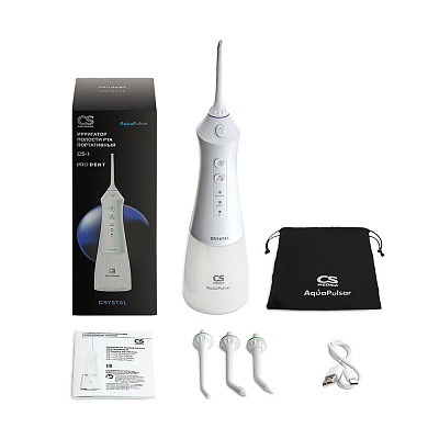 
                Ирригатор полости рта портативный CS Medica AquaPulsar CS-1 Pro Dent Crystal, Электронный блок, резервуар для растворов, насадки для ирригатора(стандартные – 2 шт., ортодонтальная –1 шт., пародонтальная - 1 шт.), USB-кабель Type C (модель СH-6), чехол для