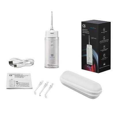 
                Ирригатор полости рта портативный CS Medica AquaPulsar CS6 EXTEND White, Электронный блок, резервуар для растворов, насадки для ирригатора (стандартные – 2 шт., ортодонтальная – 1 шт., пародонтальная - 1 шт.), USB-кабель Type C (модель СH-6), твердый чехо
