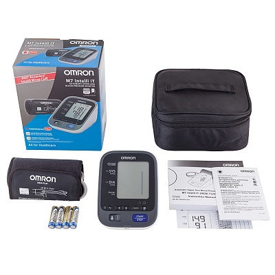 
                Тонометр OMRON M7 Intelli IT, электронный блок, манжета компрессионная HEM-FL31, руководство по эксплуатации, чехол для хранения прибора, комплект элементов питания, инструкция по установке приложения, журнал для записи артериального давления, гарантийный
