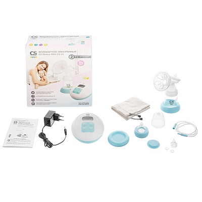 
                Молокоотсос электронный CS Medica KIDS CS-45, Молокоотсос, электронный блок, силиконовая воздуховодная трубка с двумя коннекторами, защитная крышка для силиконовой насадки, ультрамягкая силиконовая насадка с массажными лепестками «Gentle-Petals», бутылочк