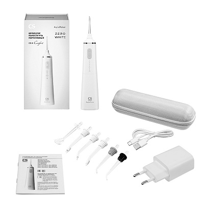 
                Портативный ирригатор полости рта CS Medica AquaPulsar CS-9 Comfort, белый, электронный блок, резервуар для растворов, насадки для ирригатора (стандартные (3 шт.), ортодонтальная (1 шт.), пародонтальная (1 шт.), пучковая дляочищения имплантов, мостов, кор