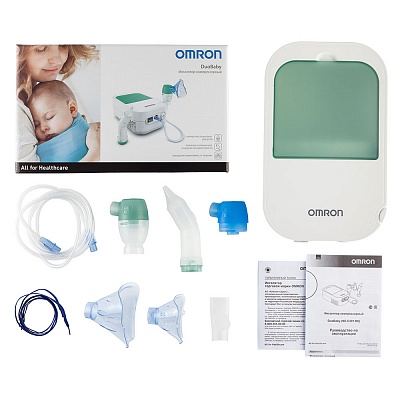 
                Небулайзер OMRON DuoBaby, компрессор, небулайзерная камера, 2 крышки небулайзерной камеры, назальный аспиратор, маска для взрослых, маска для детей, загубник, воздуховодная трубка (150 см), руководство по эксплуатации, гарантийный талон
