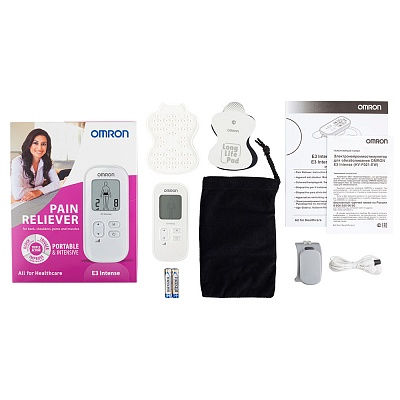 
                Электронейромиостимулятор для обезболивания OMRON E3 Intense, электронный блок, клипса для крепления, электродный шнур со штекером, держатель электродных пластин, электродные пластины, чехол для хранения, комплект элементов питания, руководство по эксплуа