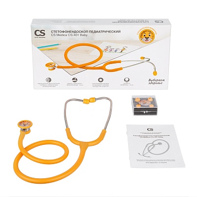 
                Стетофонендоскоп CS Medica CS-401 Baby, Стетофонендоскопическая головка с поворотным переключателем; оголовье с эластичными оливами; Y-образный звукопровод; запасные оливы стандартные; запасные оливы малые; запасная мембрана; упаковка для запасных олив (с
