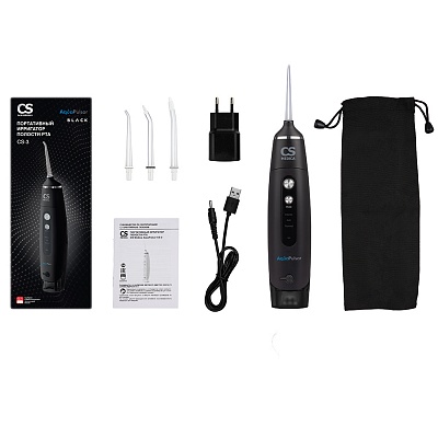 
                Портативный ирригатор полости рта CS Medica AquaPulsar CS-3, Электронный блок,резервуар для растворов, насадки для ирригатора (стандартные (2 шт.), ортодонтальная (1 шт.), пародонтальная (1 шт.),зарядное устройство CHAP3, чехол для хранения и переноски, 