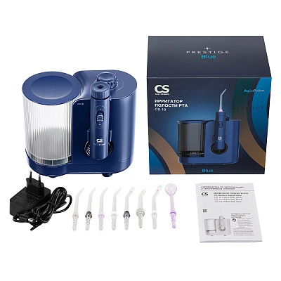 
                Ирригатор полости рта CS Medica AquaPulsar CS-10 PRESTIGE, синий, Электронный блок, резервуар для растворов, крышка резервуара, пенал для хранения насадок, насадки для ирригатора (стандартные (4 шт.), ортодонтальная (1 шт.), пародонтальная (1 шт.), пучков