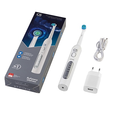 
                Электрическая зубная щетка CS Medica CS-484, Рукоятка (электронный блок) с насадкой, зарядное устройство, 2 дополнительные насадки, адаптер, руководство по эксплуатации с гарантийным талоном 