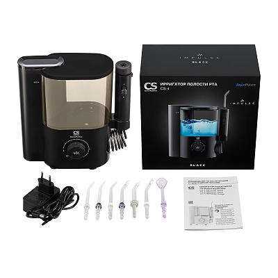 
                Ирригатор полости рта CS Medica AquaPulsar CS-4 IMPULSE Black, Электронный блок, резервуар для растворов, крышка резервуара, пенал для хранения насадок, насадки для ирригатора (стандартные (3 шт.), ортодонтальная (1 шт.), пародонтальная (1 шт.), пучковая 
