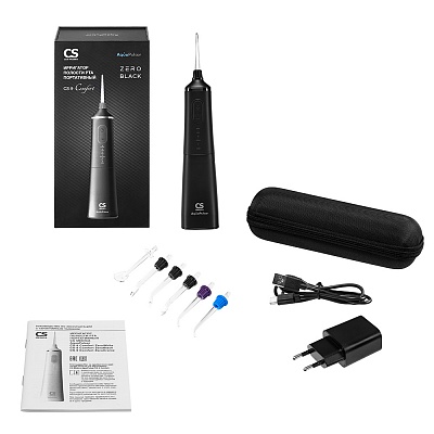 
                Портативный ирригатор полости рта CS Medica AquaPulsar CS-9 Comfort, черный, электронный блок, резервуар для растворов, насадки для ирригатора (стандартные (3 шт.), ортодонтальная (1 шт.), пародонтальная (1 шт.), пучковая дляочищения имплантов, мостов, ко