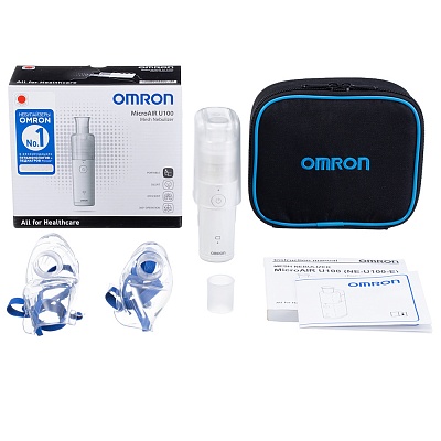
                Ультразвуковой небулайзер OMRON U100, аппаратный блок, футляр для основного прибора, контейнердля лекарственного препарата, сетчатый распылитель,переходник маски, загубник, элементы питания (2xAA/LR6),маска для детей (ПВХ), маска для взрослых (ПВХ), сумка
