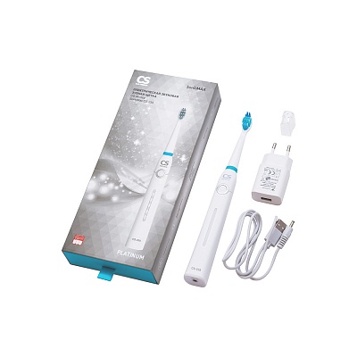 
                Электрическая звуковая зубная щетка CS Medica SonicMax CS-235, Рукоятка (электронный блок) с насадкой, защитный колпачок для щетины, USB-кабель, адаптер, руководство по эксплуатации с гарантийным талоном