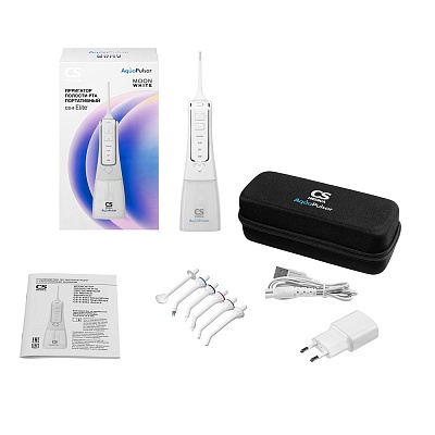 
                Ирригатор полости рта CS Medica AquaPulsar CS-8 Elite, белый, Электронный блок, резервуар для растворов, насадки для ирригатора (стандартные (2 шт.), ортодонтальная (1 шт.), пародонтальная (1 шт.), пучковая для очищения имплантов, мостов, коронок (1 шт.),