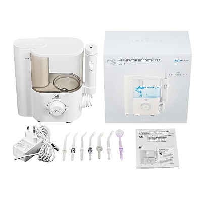 
                Ирригатор полости рта CS Medica AquaPulsar CS-4 IMPULSE White, Электронный блок, резервуар для растворов, крышка резервуара, пенал для хранения насадок, насадки для ирригатора (стандартные (3 шт.), ортодонтальная (1 шт.), пародонтальная (1 шт.), пучковая 