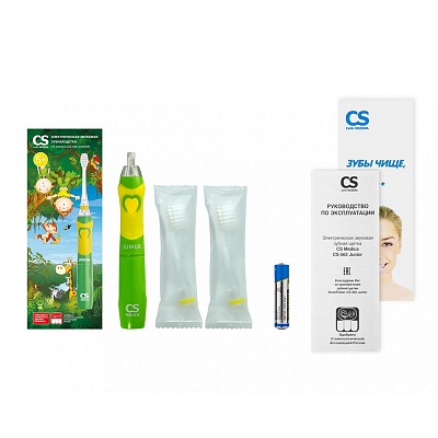 
                Электрическая зубная щетка для детей от 5 лет CS Medica CS-562 Junior зеленого цвета с 2 насадками, новая упаковка