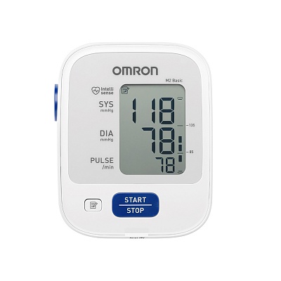 
                Тонометр OMRON M2 Basic, вид спереди, дисплей включен