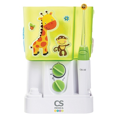 
                Ирригатор CS Medica KIDS CS-32, прибор, вид спереди, с наклейками