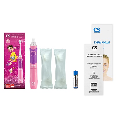 
                Электрическая зубная щетка для детей от 5 лет CS Medica CS-562 Junior розового цвета с 2 насадками, новая упаковка