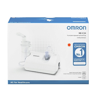 
                Компрессорный небулайзер OMRON C24, коробка, фронтальный вид