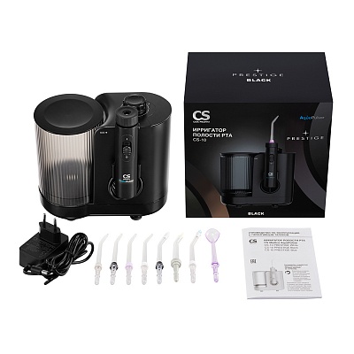 
                Ирригатор полости рта CS Medica AquaPulsar CS-10 PRESTIGE, черный, Электронный блок, резервуар для растворов, крышка резервуара, пенал для хранения насадок, насадки для ирригатора (стандартные (4 шт.), ортодонтальная (1 шт.), пародонтальная (1 шт.), пучко