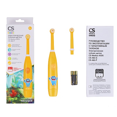
                Электрическая зубная щетка CS Medica CS-462-P, рукоятка с насадкой, дополнительная насадка, алкалиновые элементы питания типа ААА (2 шт.), руководство по эксплуатации с гарантийным талоном