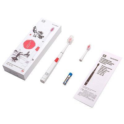 
                Электрическая звуковая зубная щетка CS Medica SonicMax CS-167-W, рукоятка (электронный блок) с насадкой, дополнительная насадка, защитный колпачок, алкалиновый элемент питания типа ААА, руководство по эксплуатации с гарантийным талоном