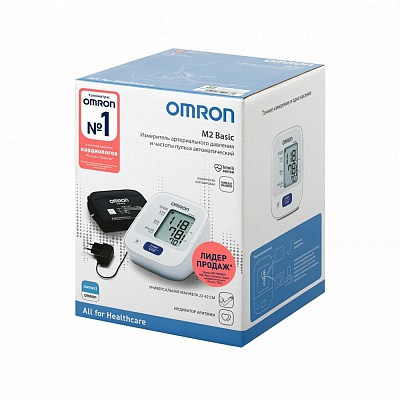 
                Тонометр OMRON M2 Basic c адаптером и универсальной веерообразной манжетой (22-42 см), коробка