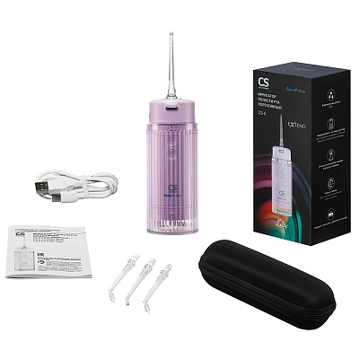 
                Ирригатор полости рта портативный CS Medica AquaPulsar CS6 EXTEND Lilac, Электронный блок, резервуар для растворов, насадки для ирригатора (стандартные – 2 шт., ортодонтальная – 1 шт., пародонтальная - 1 шт.), USB-кабель Type C (модель СH-6), твердый чехо